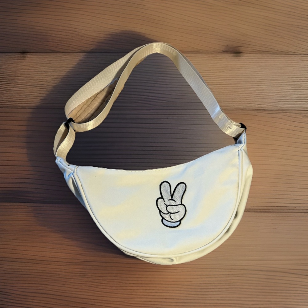 Mickey Mouse Peace Sign Hand Patch Crescent Crossbody Bag Cream Beige